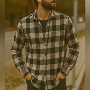 Only & Sons Black + Grey Checked Plaid Button-Up Shirt - Size XL Slim